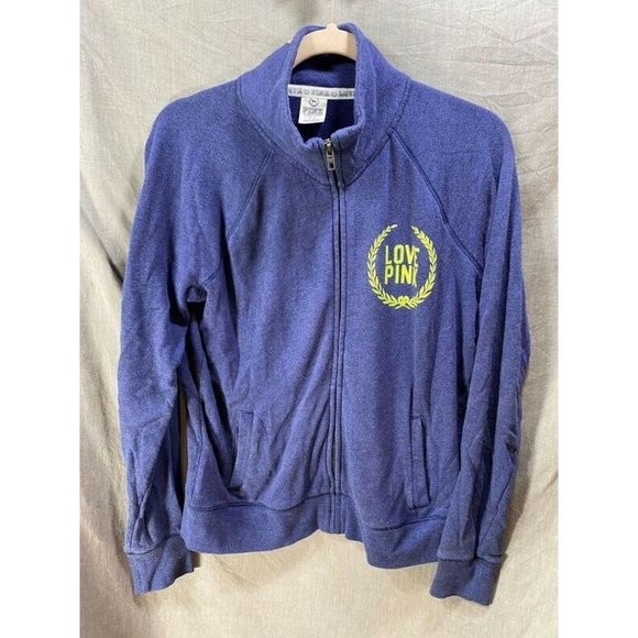 Victoria´s Secret Pink Sweater Womens Medium Blue Logo Long Sleeve‎ Zip Ladies - Picture 1 of 9
